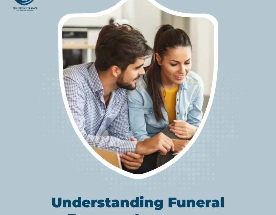 understanding-funeral-expense-insurance-family-portrait-smiling-grandparents-grandchildren-shield-icon-fe-life-insurance-logo-light-blue-background