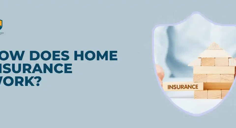 Illustration showing how home insurance works, with icons for fire, theft, disaster, and liability coverage around a house.