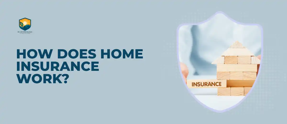 Illustration showing how home insurance works, with icons for fire, theft, disaster, and liability coverage around a house.