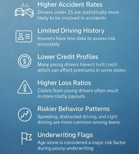 nfographic showing why car insurance is more expensive for young drivers, highlighting factors like higher accident rates, limited driving history, lower credit profiles, higher loss ratios, riskier behavior patterns, and underwriting flags—visualized with icons to explain premium calculation risks for drivers under 25